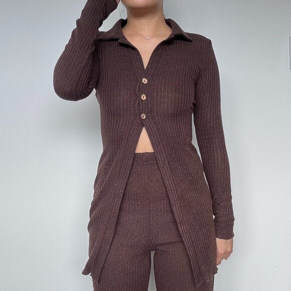 Set Brown Button Up Long Sleeves and High Waist Pants Two Piece Lounge Set - Picture 1 of 8